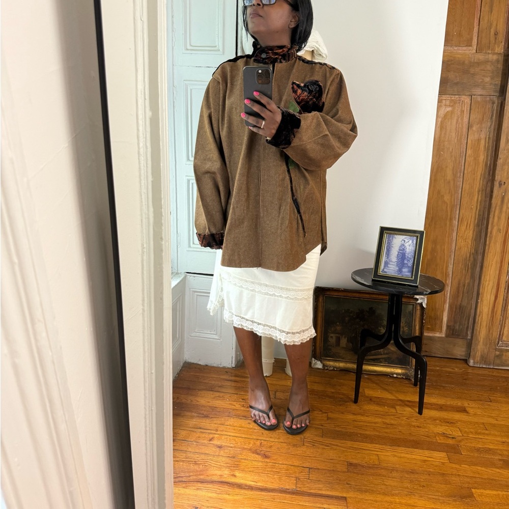 Brown Denim maximalist flower zip up velvet patch work bomber jacket - Picture 11 of 16